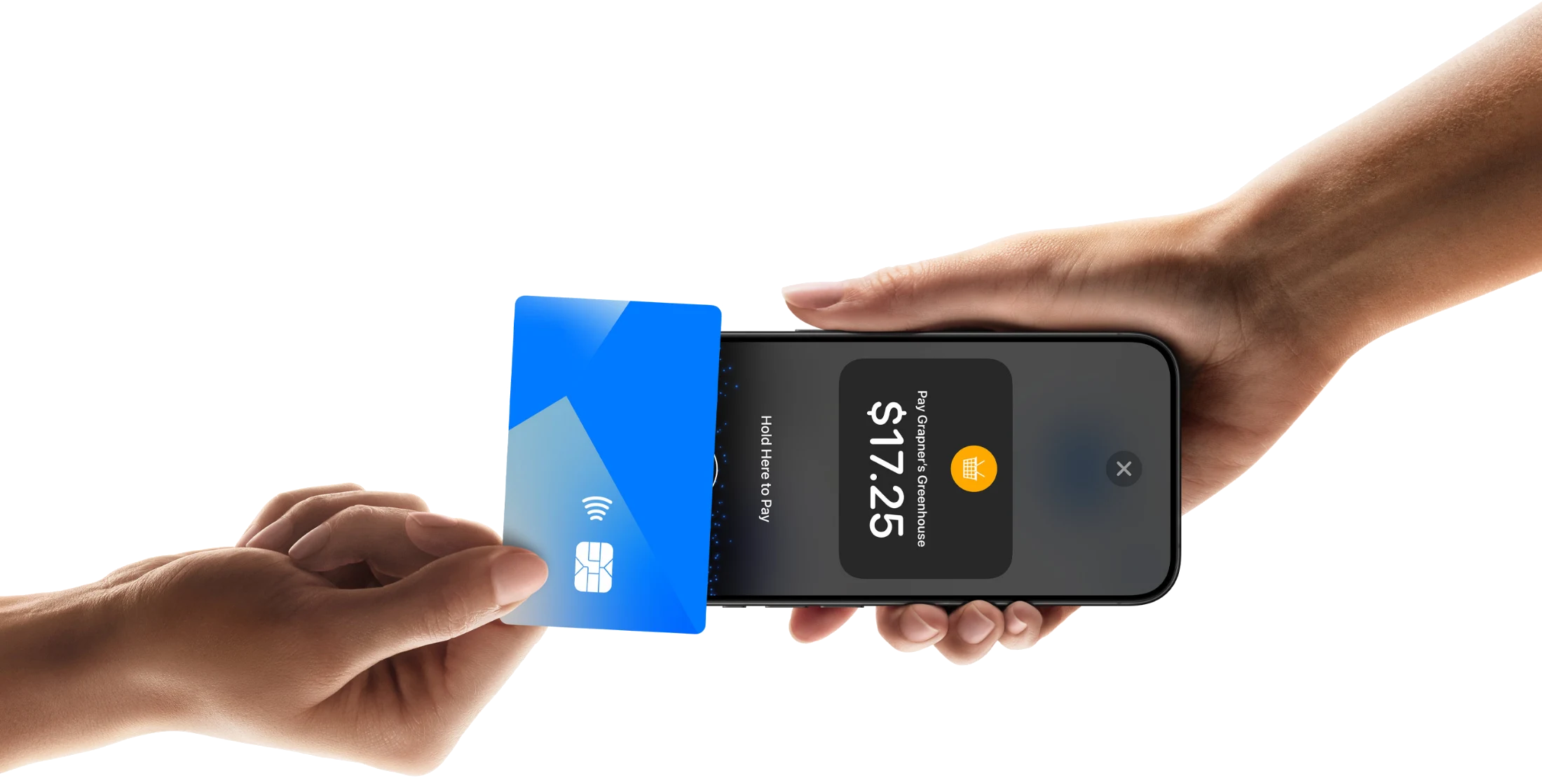 One hand taps a contactless card against an iPhone held in another hand to pay.